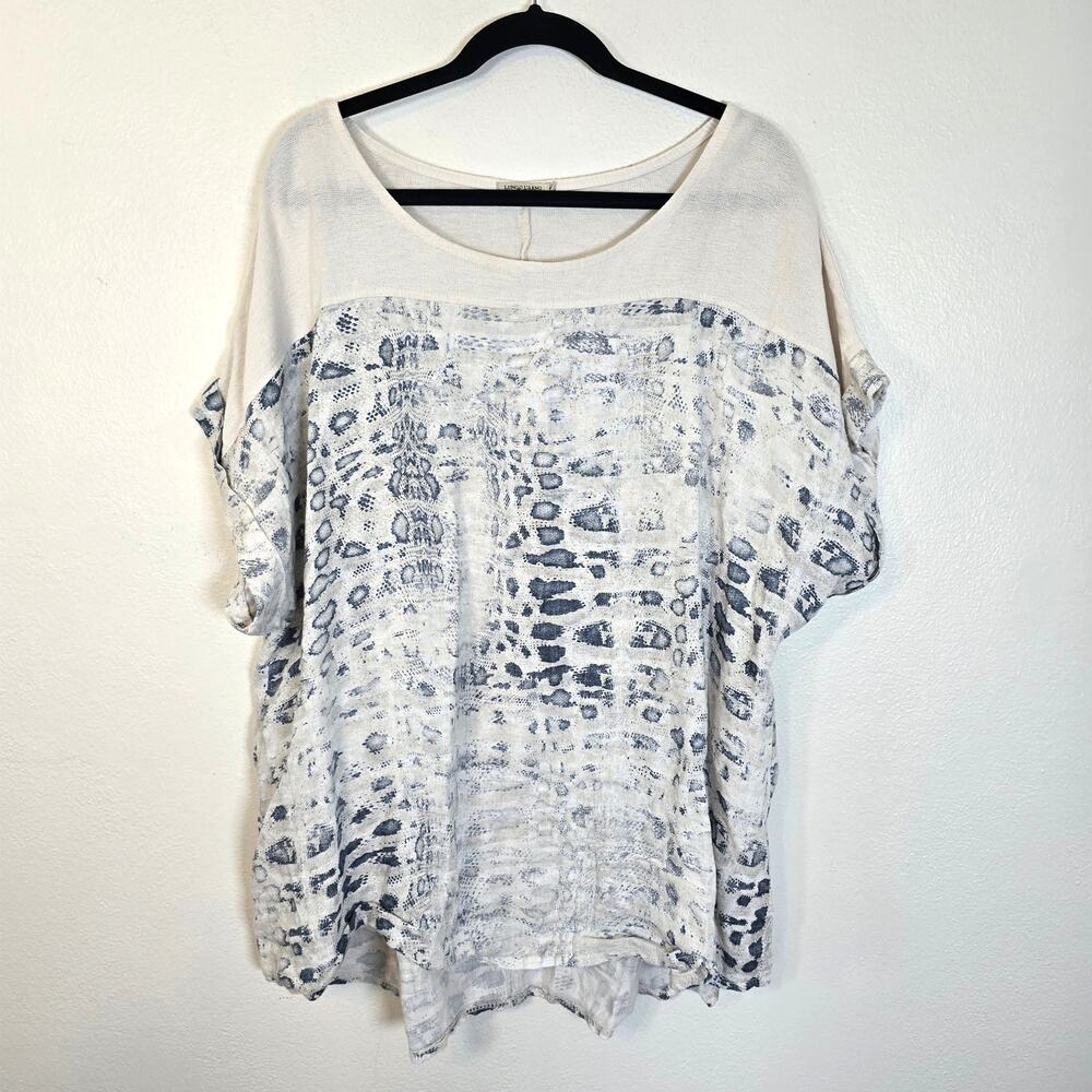 Lungo L'Arno Linen Blouse Women's 2X Oatmeal Blue Reptile Print Lagom Lagenlook